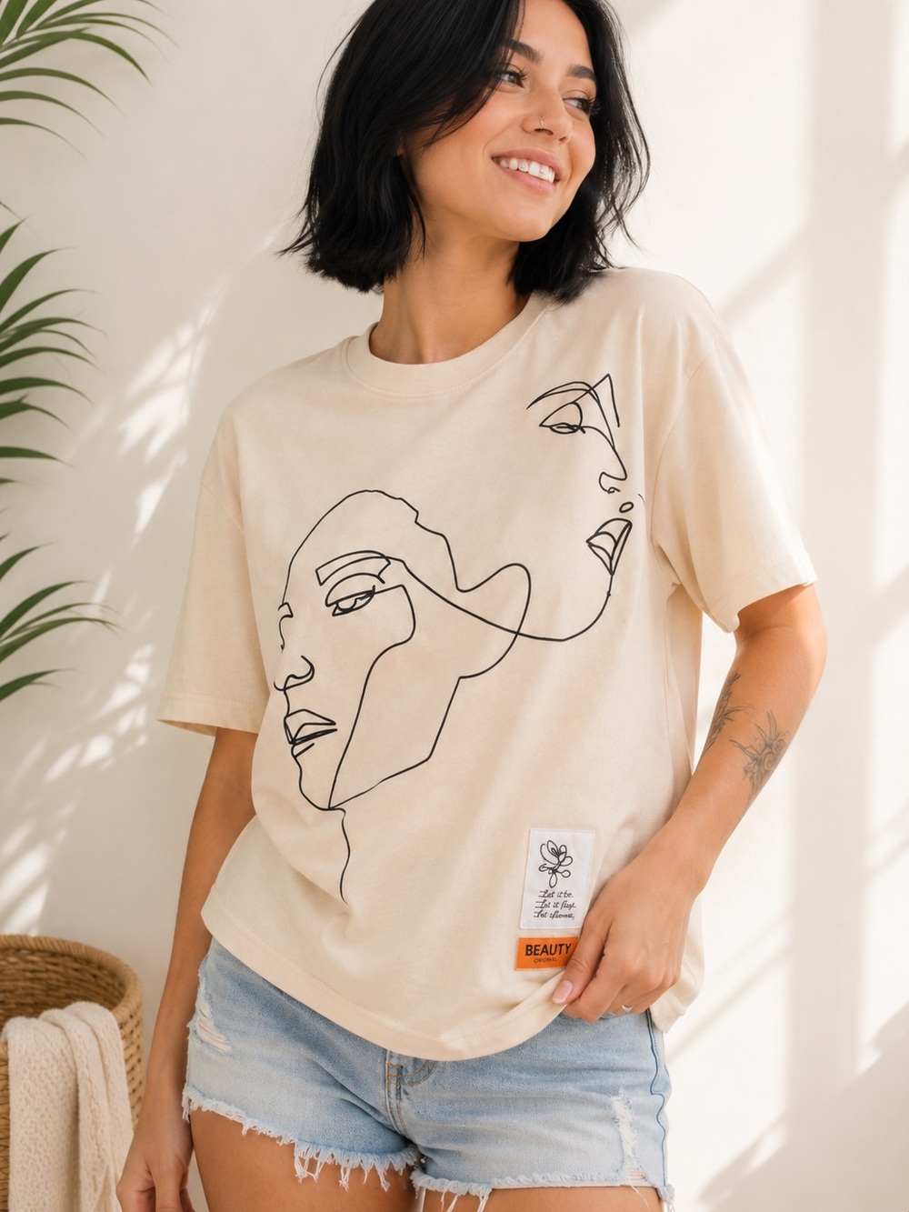Beige Graphic Women Top
